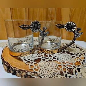 Set Of 2 Vintage Inspired Qualia Glass Mugs Rhinestone-Embellished Bee Sunflower